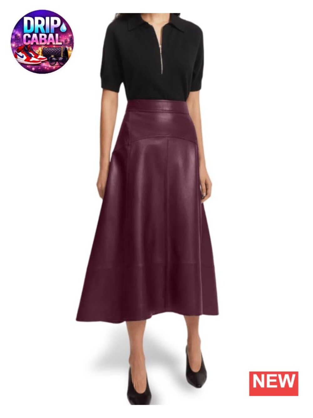 Genuine Leather A-Line Skirt High Waist Mid Length Patchwork